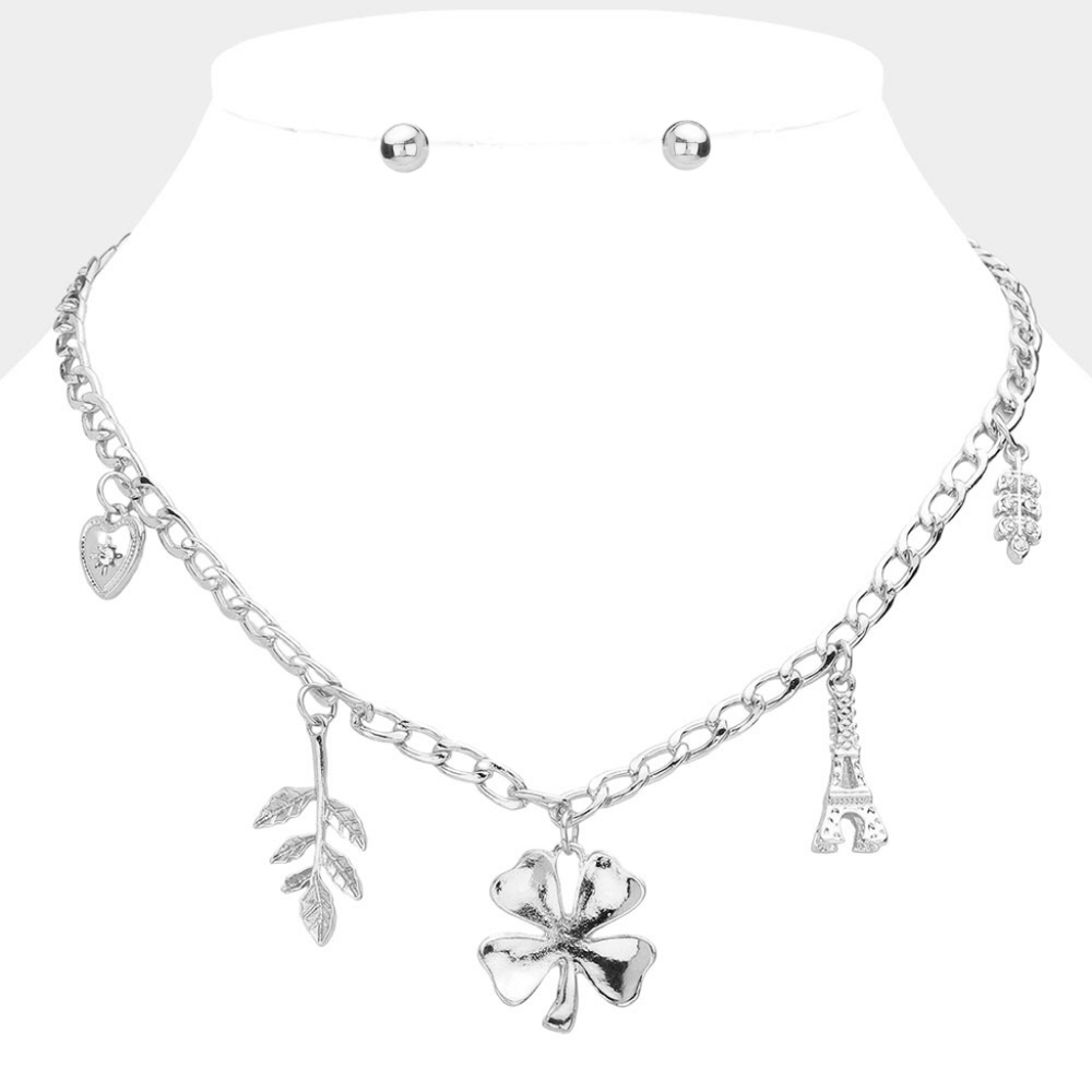 Silver Clover Eiffel Tower Charm Necklace Chain Cute Fashion Statement Jewelry